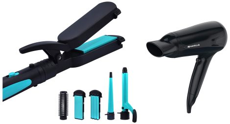 Havells Hair Styler with Straightener, Curler, Crimper in Blue/Black & Powerful Hair Dryer with Cool Shot Button.