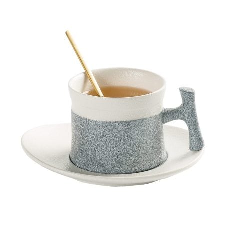 Elegant Grey Tea Cup and Saucer Set with Snowflakes Design, Golden Spoon – Perfect Gift for Ladies and Gents