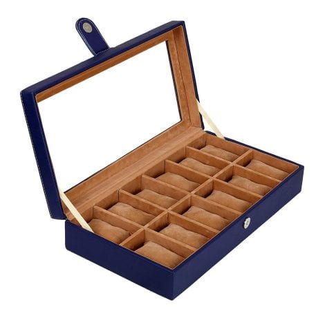 Leather World Men’s Watch Box with 12 Blue Slots, Glass Display, and Women’s Jewelry Storage.