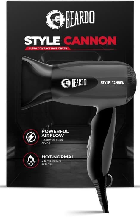 Beardo Style Cannon Hair Dryer delivers 1000W airflow and precise styling with temperature settings, ideal for Indian men.