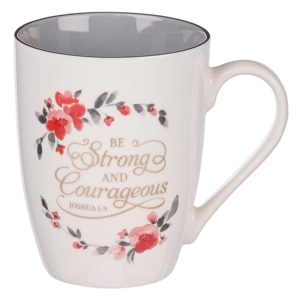 Be Strong and Courageous Joshua 1:9 Ceramic Christian Coffee Mug for Women - White/Pink Floral Inspirational Coffee Cup, 12-Ounce