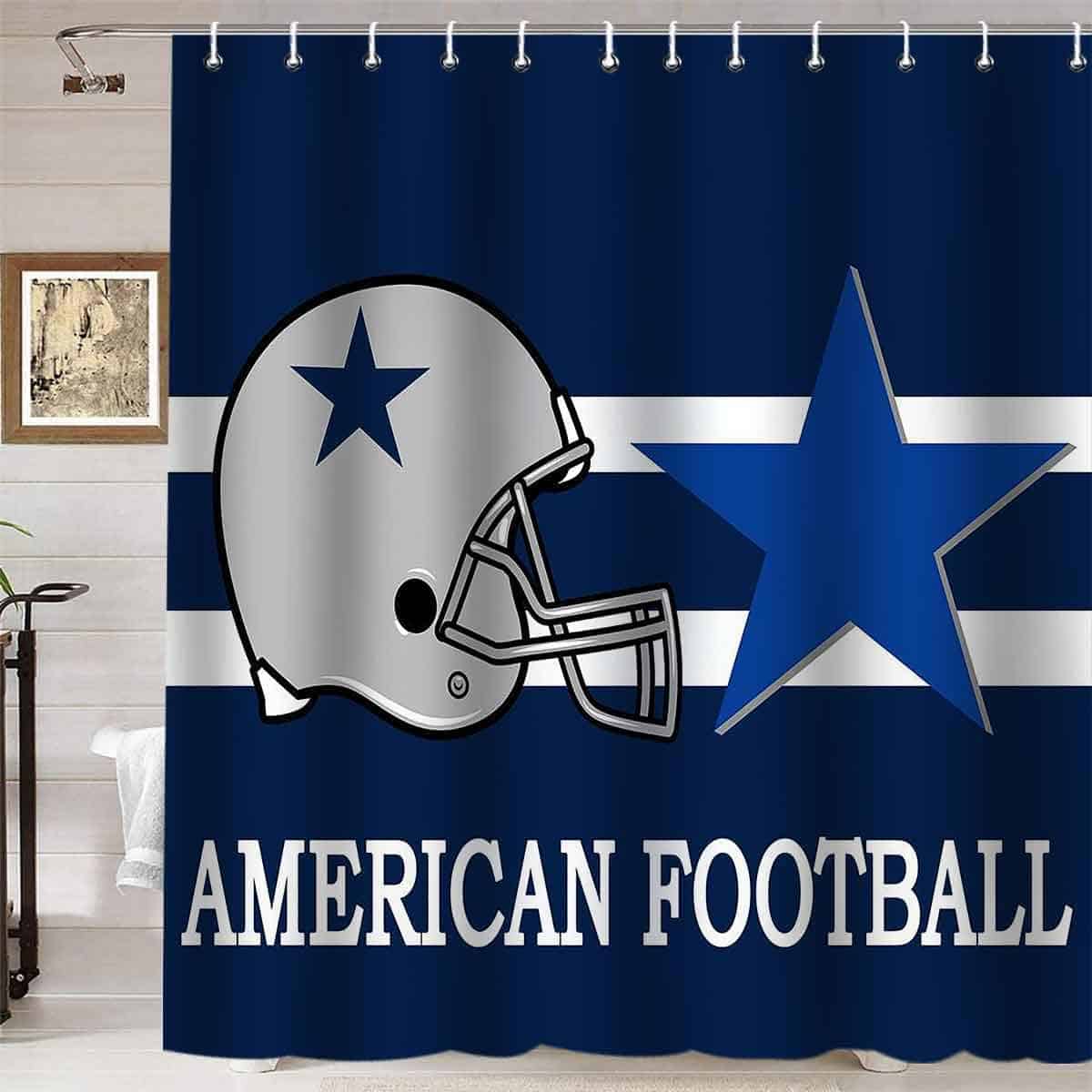 Namdeva American Football Shower Curtain, White Stripe Quotes Grey Helmet Texas Star Man Cave Athletes Fans Sports Bathroom Decor, Waterproof Polyester Fabric Shower Curtain, 72 X 72 Inch, Navy Blue