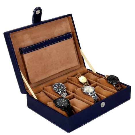 Blue Leather World wristwatch box with 10 PU leather slots for men and women.