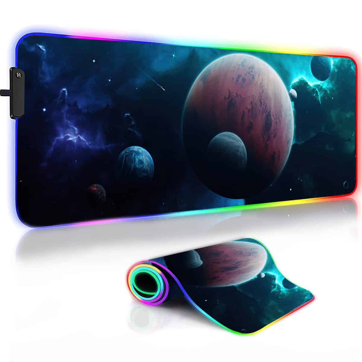 Qizlar Extended RGB Gaming Mouse Pad, (800mm x 300mm x 4mm) Extra Large Gaming Mouse Mat for Gamer, Waterproof Office Desktop Mat with 12 Lighting Mode (Planets)