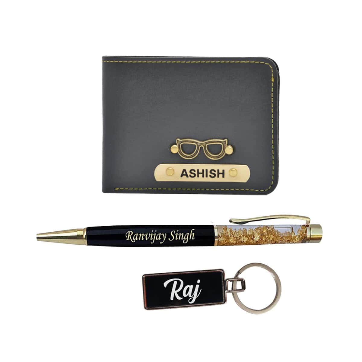 YOUR GIFT STUDIO Customised with Your Name Mens Leather Wallet + Pen + Metal Keychain | Husband Birthday Gifts Latest | Gift for Boyfriend | Gift for Men | Pack of 3 pcs - Grey