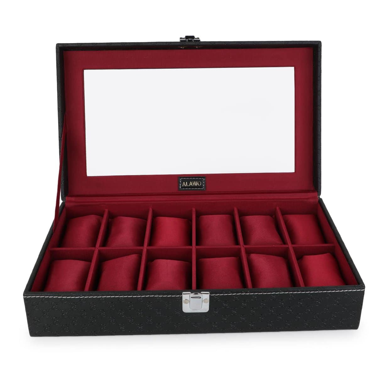 ALAWO Watch Box Organizer Case with 12 slots of Watches in Transparent Display with Black & Cherry Color in PU Leather