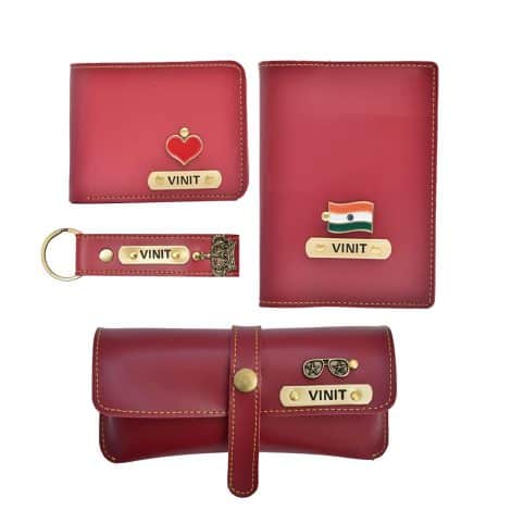 Customized vegan leather birthday gift set for Indian men – wallet, keychain, sunglasses case, and passport cover in wine color. Perfect for brother, husband, father, boyfriend.