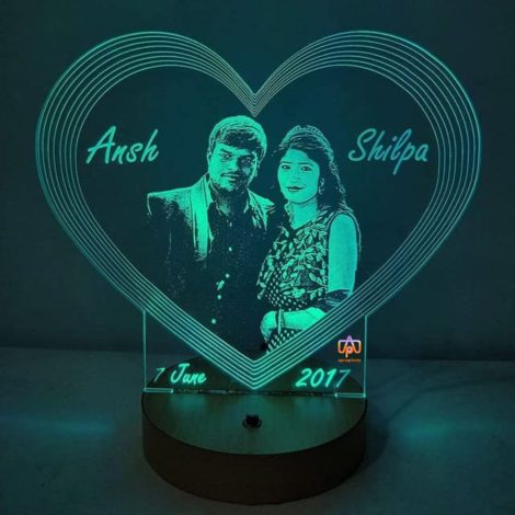 Customized and personal photo frame with name in heart shape, 16 color changing LED lamp.