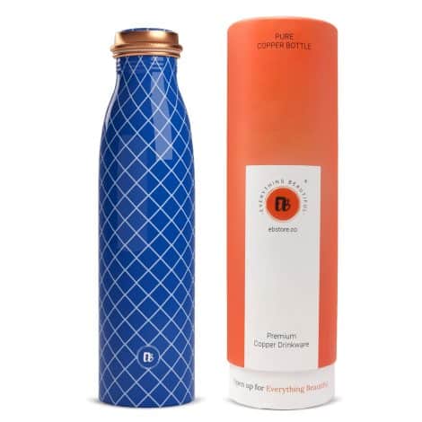 Beautiful Copper Water Bottle 1L, Leakproof with Blue Checkered Design. Perfect Birthday Gift for all by EBstore.