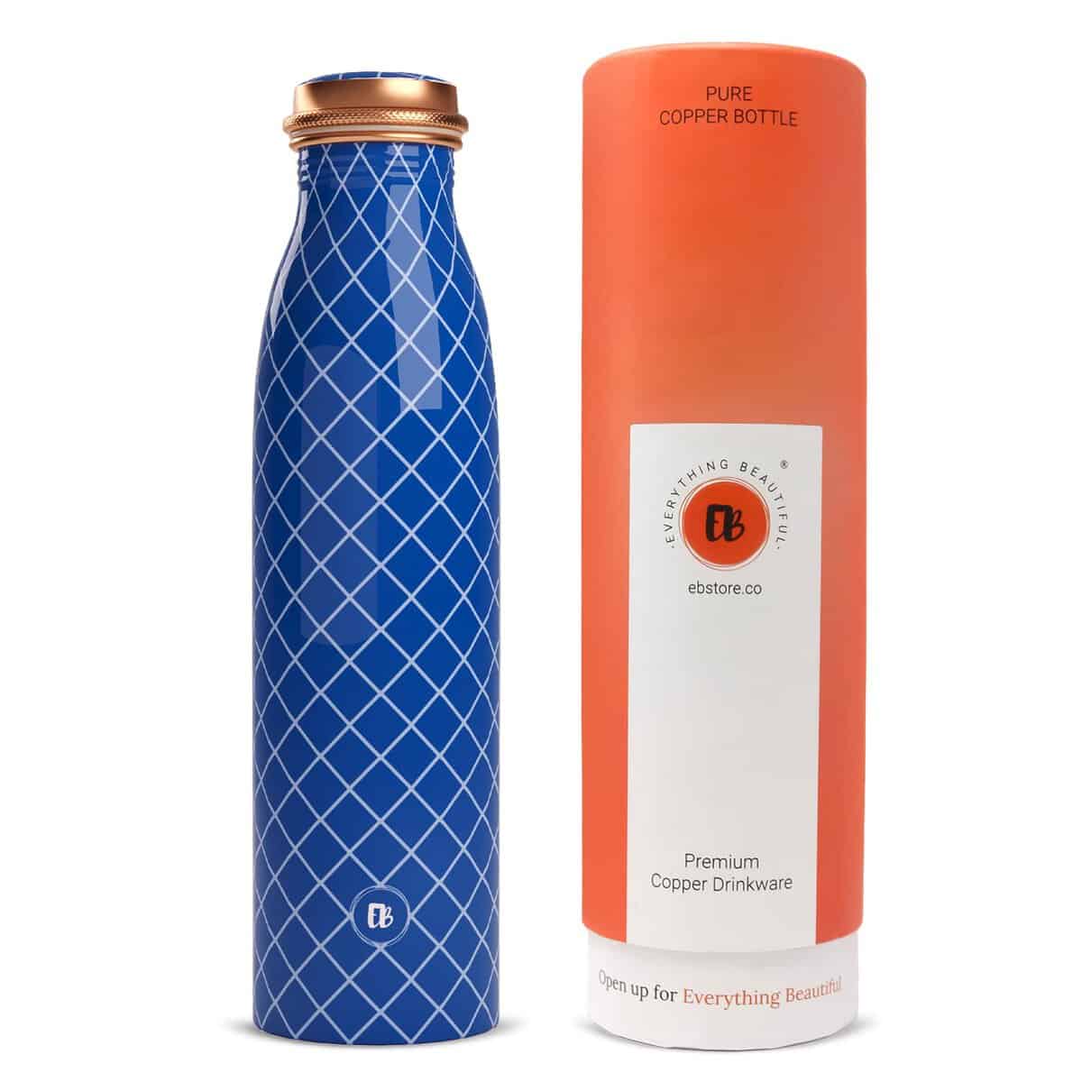 EB-Everything Beautiful Pure Copper Water Bottle 1 Litre Leakproof with Blue Checkered Printed Seamless Design made of Tamba Suiatable Birthday Gift for Men & Women by ebstore