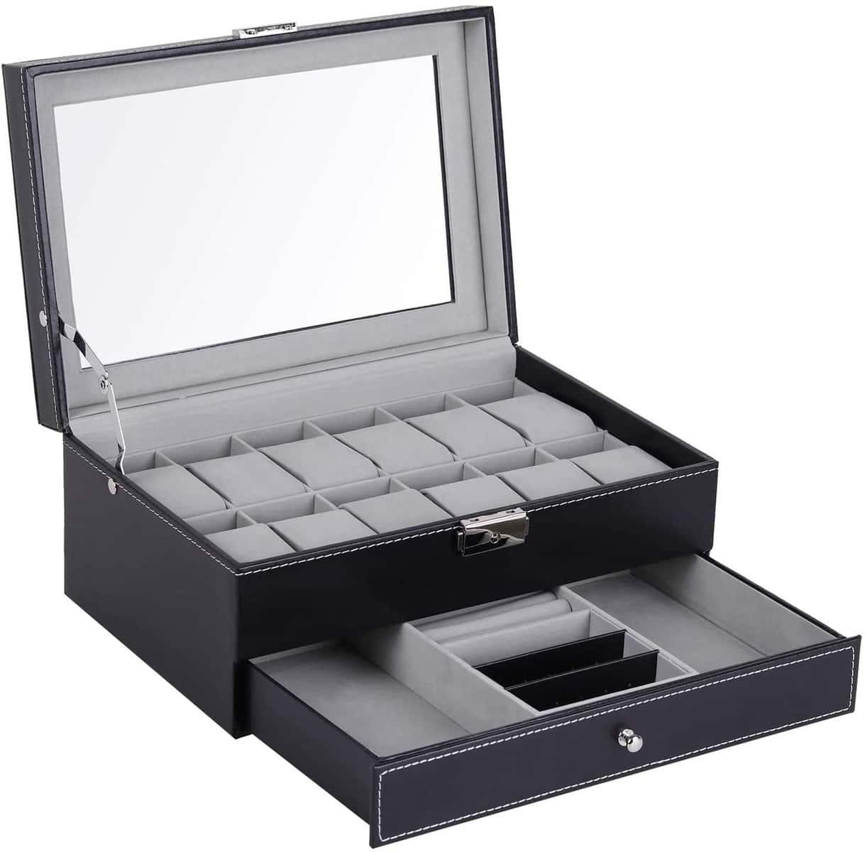 BucketList® Men and Women Watch Box/Watch Case/Organizer/Storage box(Double Layer (12 slot watch + jewelry organizer)