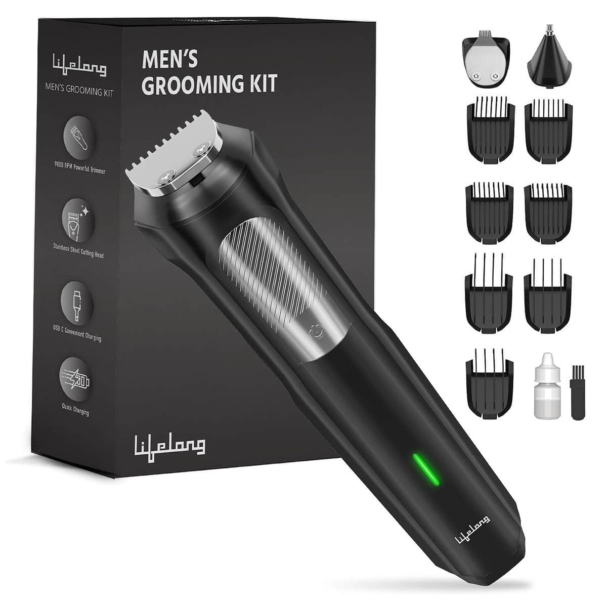 Lifelong Trimmer for Men 3-in-1 Grooming Kit - Cordless Rechargeable for Beard, Nose & Ear and Precision Trimming - 7 Length Settings - Effortless Shaving, Body & Hair Grooming Experience (LLPCM304)