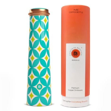 EB-Beautiful Slim Copper Water Bottle with Printed Aqua Batik Design, Leakproof, Ideal Gift for Indians, 750ml size