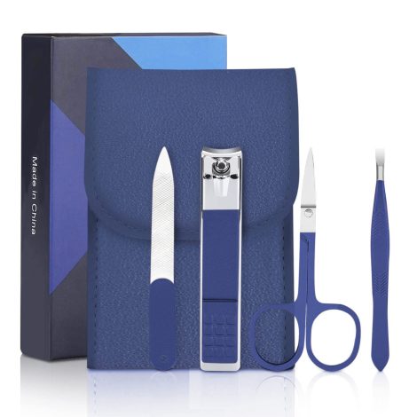 Aceoce Manicure Set for Men: The Perfect Travel Grooming Kit, Ideal Gift for Men and Parents, featuring 4 Mini Nail Care Tools in Blue.