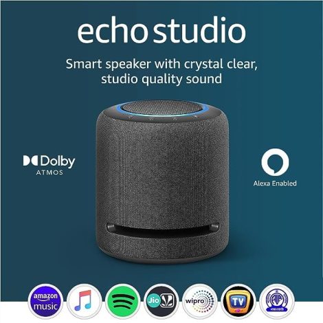 Echo Studio – Ultimate smart speaker – Experience mind-blowing sound with Dolby Atmos, spatial audio, and Alexa (Black).