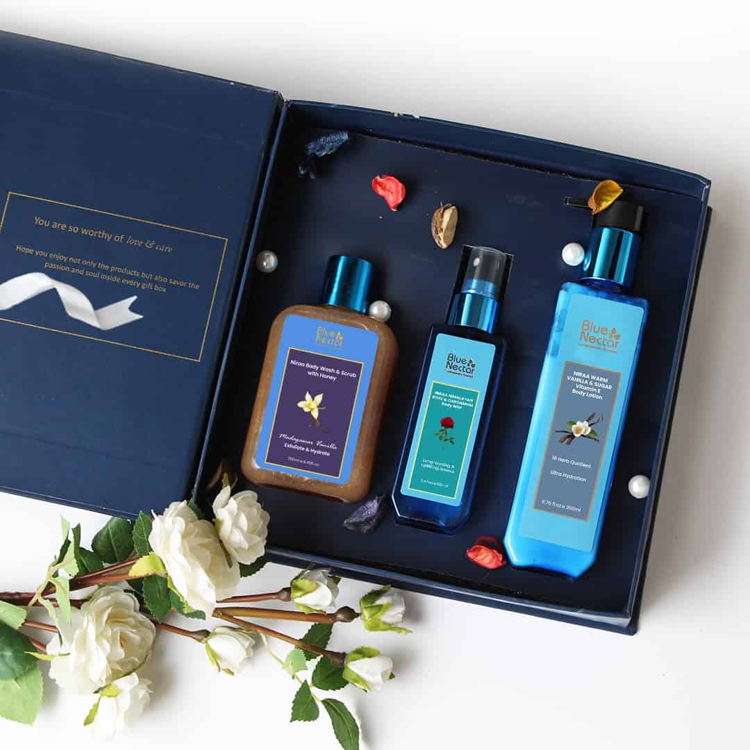 Blue Nectar Beauty Gift Box for Friends | Premium Skincare Combo of Vanilla Lotion, Body Wash & Scrub & Body Mist | Gift for Birthday & Anniversary | Pack of 3