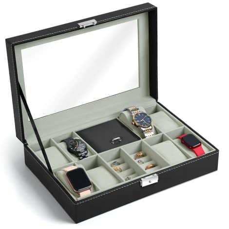 Space Watch Box is a stylish organizer made of PU Leather for men and women. It features 8 slots for watches, 8 ring slots, and a lockable compartment.