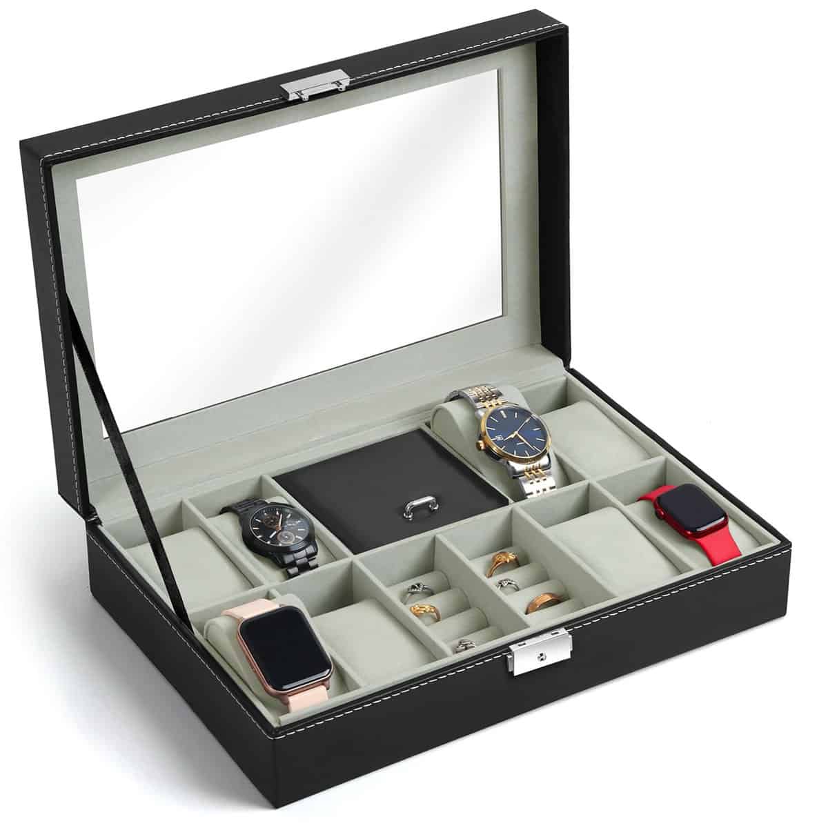 ABOUT SPACE Watch Box - PU Leather Watch Organizer for Men & Jewellery Box for Women with Press Lock & Key, 8 Removable Watch Slots, 8 Ring Slots & Compartment with Lid (Black - L 30 x B 20 x H 20 cm)