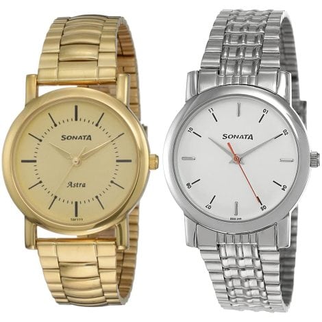 Sonata Analog Men’s Champagne and White Dial watch set – ideal for rakshabandhan gifts!