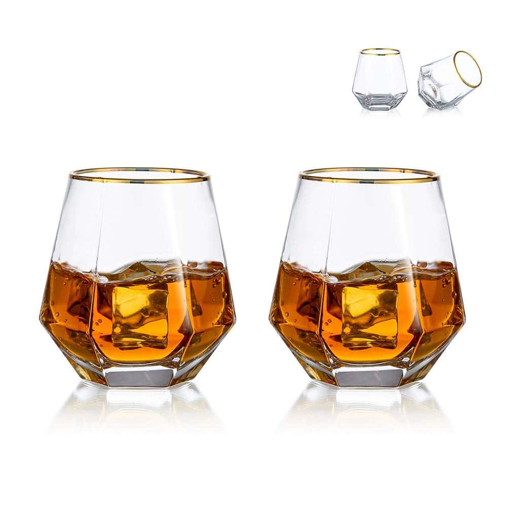 Glasseam Diamond Whiskey Glasses Set of 2 Water Juice Tumbler Tilted Scotch Glass 300ml Whisky Glass Modern Look Glassware for Bourbon/Rum/Bar Tumbler