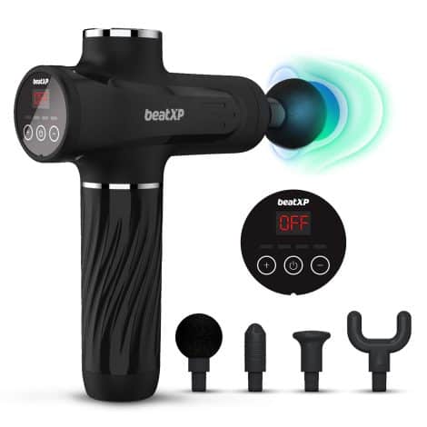 beaatXP Jade Black Massage Gun – Powerful, Portable Percussion Massager with Touch Display, 4 Attachments, 4000mAh Battery, and 18 Months Warranty.