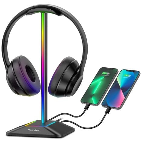 ABRALE RGB Headphone Stand with 1 USB-C Charging Port and 1 USB Charging Port, Desk Gaming Headset Holder with 7 Light Modes and Non-Slip Rubber Base, Perfect for All Earphone Accessories (Black).