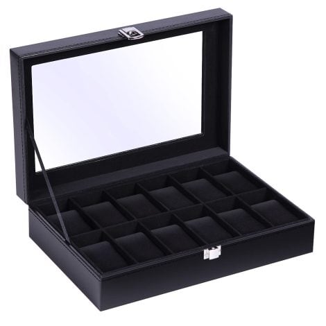 Ohuhu Watch Storage Box: Stylish black case with 12 compartments, glass lid, ideal for organizing watches and jewelry. Great for gifting!