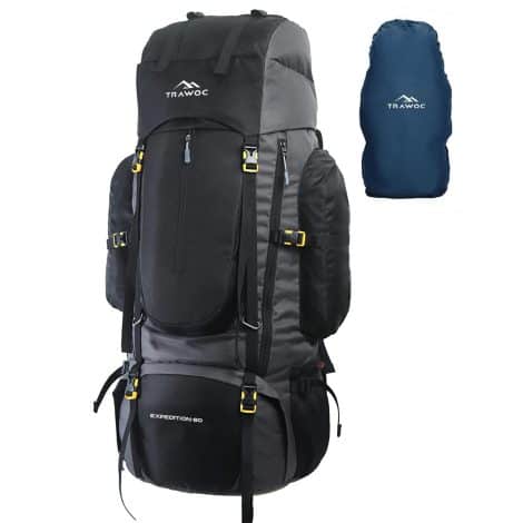 Waterproof TRAWOC 80L Travel Backpack for Camping, Hiking, and Trekking with Shoe Compartment. Available in Black.