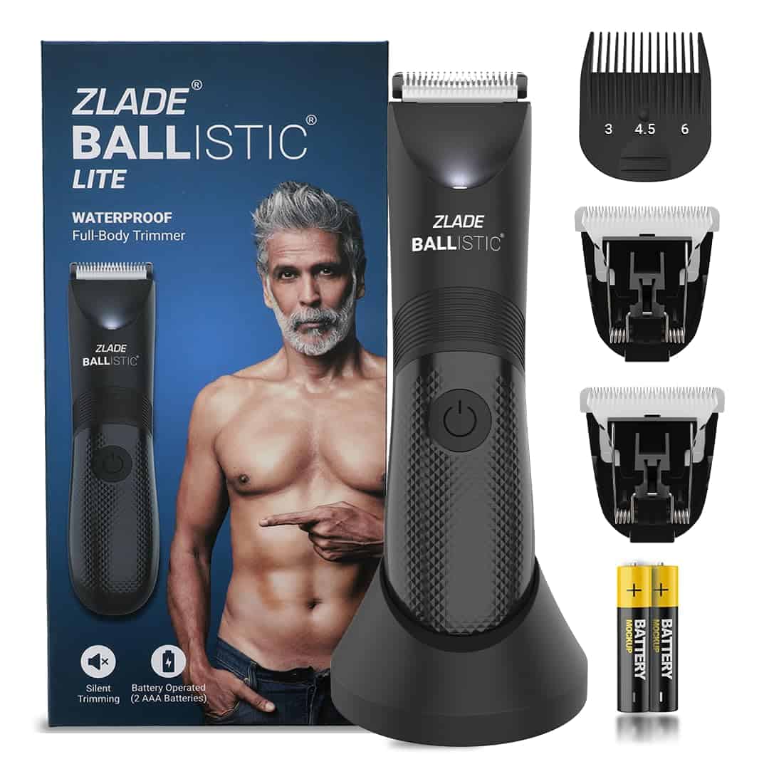 ZLADE Ballistic LITE Manscaping Body Trimmer for Men | Beard, Body, Pubic Hair Grooming | Waterproof, AAA Battery Powered | 1 Trimmer + 2 Extra Blades | Smart Travel Lock - 3 Second Long Press Button to Start