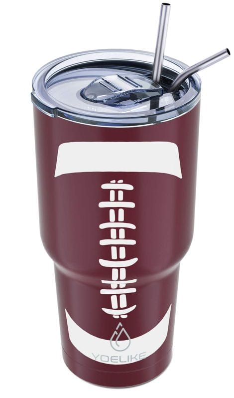 Yoelike Football Tumbler: 30 oz Steel Cup with Straws, Lids, and Brush. Ideal for Sports Travel, Keeps Drinks Hot/Cold!