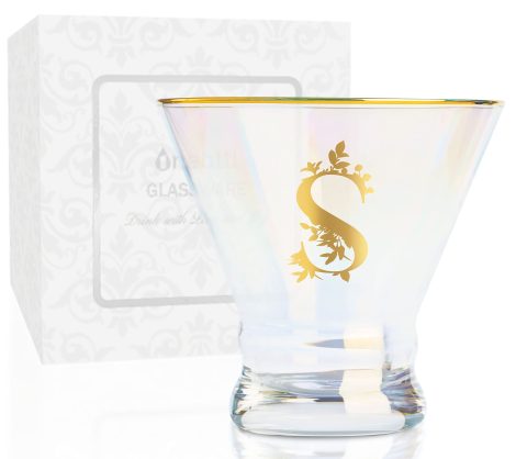 Personalized Iridescent Martini Glasses with Initial S, Cocktail Gifts for Women, 8 oz, Birthday, Christmas.