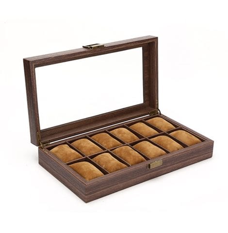 Wooden 12 Slot Watch Box with Glass Top and Antique Lock from House of Quirk