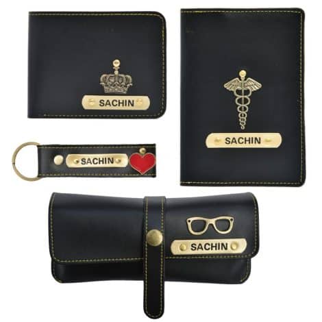 Customizable black gift set for Indian men, made of cruelty-free leather. Ideal for brother, husband, father, boyfriend.