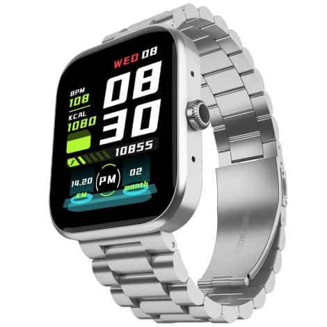 Fire-Boltt Encore Silver Smart Watch: Full Touch Screen, Bluetooth Call, 10-Day Battery, Water Resistant, Health Sensors.