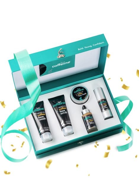 mCaffeine’s Coffee Beauty Set includes face wash, scrub, eye cream, mask, and serum. Perfect for gifting to both genders.