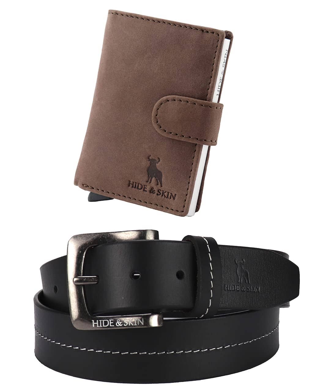 HIDE & SKIN Men's Leather Card Holder and Belt Combo Gift Box (Brown)