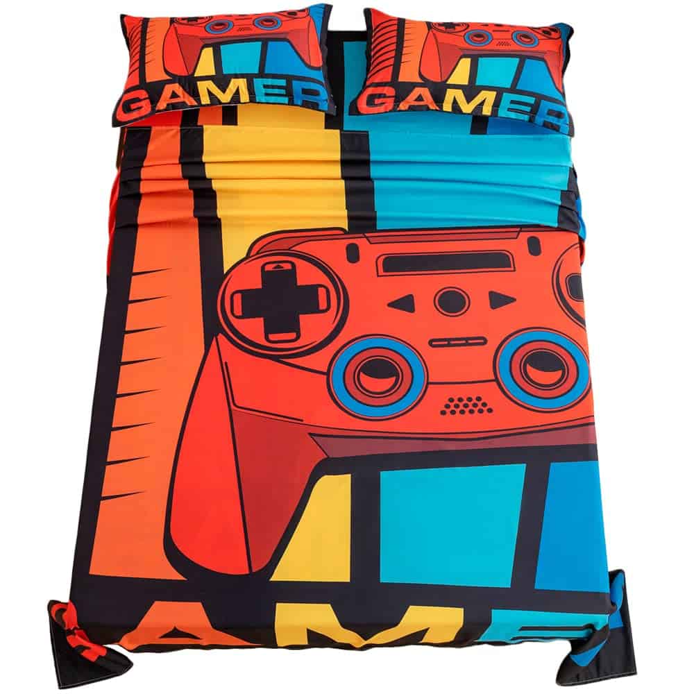 ADASMILE A & S Teens Gamer Sheet Queen Size Kids Video Games Bedding Set 4pcs with Deep Pocket Fitted Sheet + Flat Sheet + 2 Pillowcases Boys Gamer Controller Bed Sheet Set for Game Room Decor