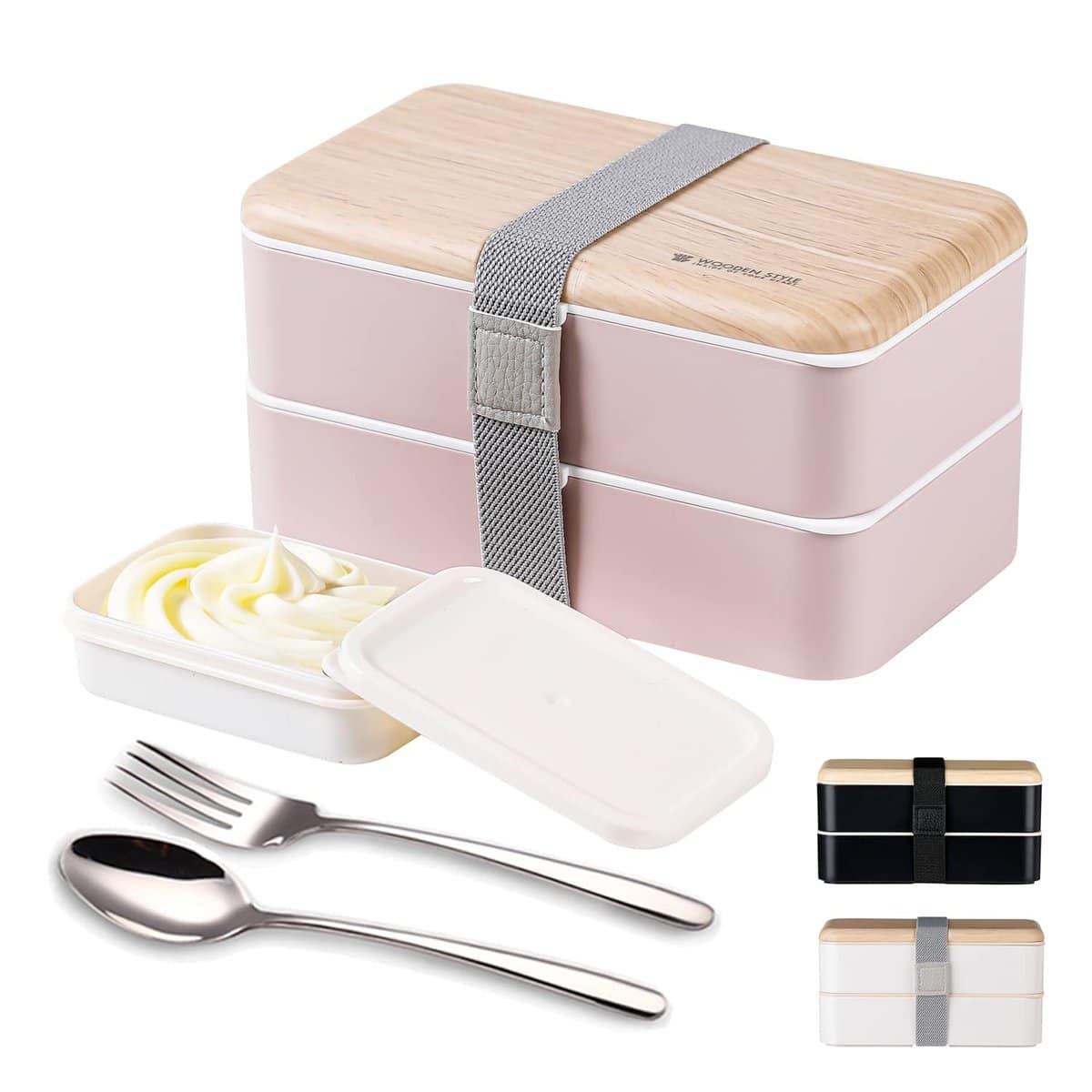 Binoster Original Bento Box Lunch Boxes Container Bundle Divider Japanese Style Leakproof  with Stainless Steel Utensils Spoon and Fork Bamboo (Pink)