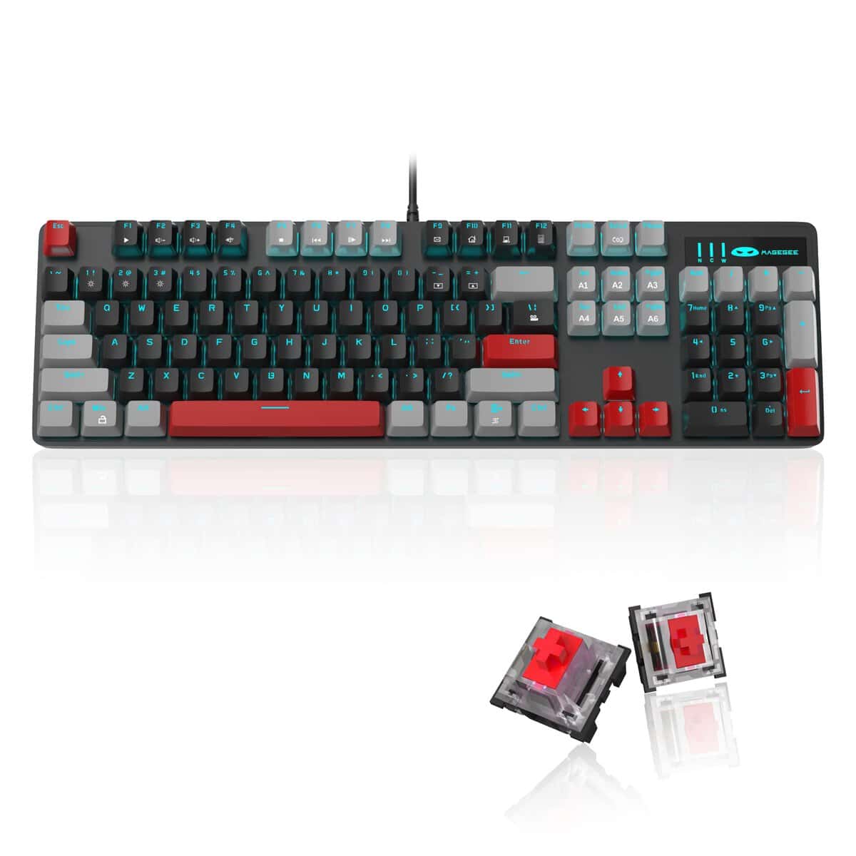 MageGee Mechanical Gaming Keyboard, 104 Keys Blue Backlit Keyboard with Red Switches Double-Shot Keycaps, USB Wired Mechanical Computer Keyboard for Laptop, Desktop, PC Gamers(Gray & Black)