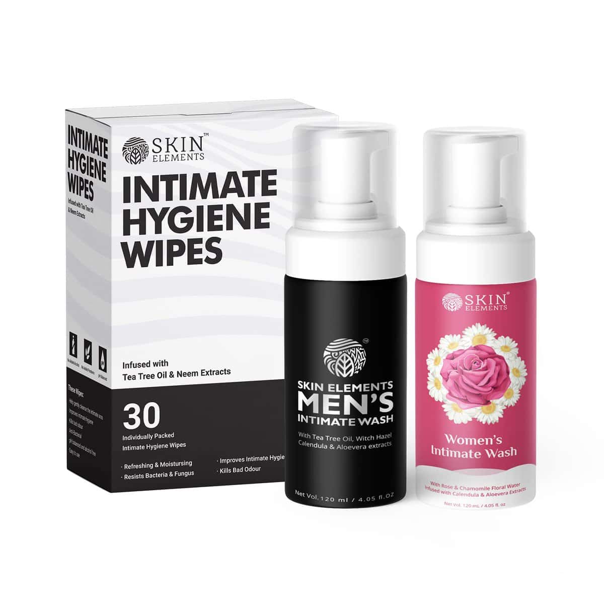 Skin Elements Intimate Hygiene Gift Box | Intimate Wash for Men, Women and Intimate Hygiene Wipes (30) | Prevents Itching, Irritation & Bad Odor, 240ml