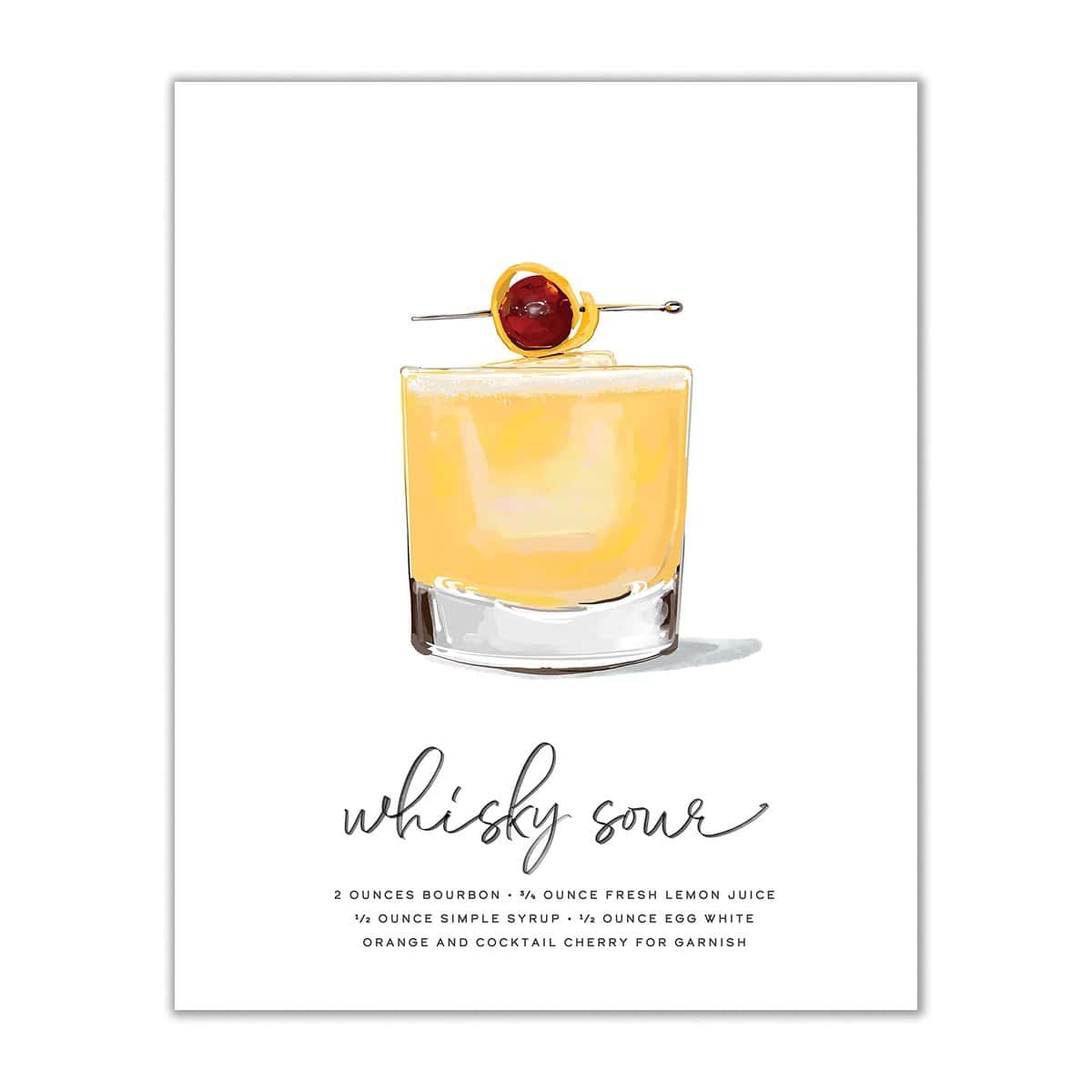 Whisky Sour Cocktail Wall Art - MIX & MATCH Bar Cart Decor - Illustrated Alcohol Posters with Cocktail Recipes - Bar Wall Art Cocktail Posters - Gifts for Men - 8x10 UNFRAMED