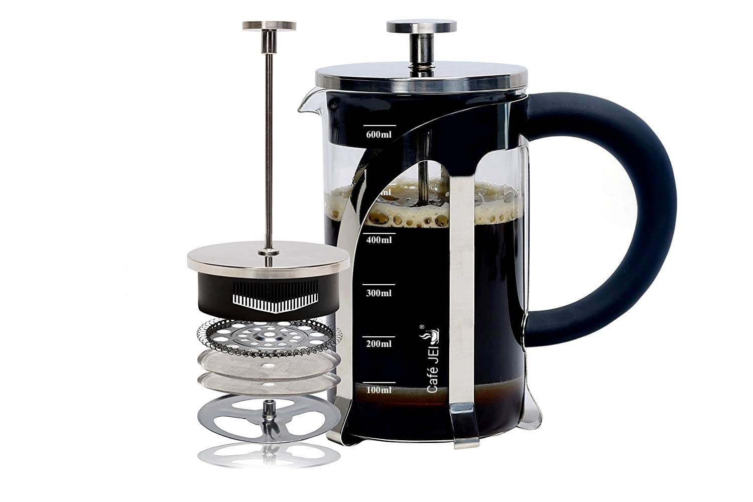 Cafe JEI French Press Coffee And Tea Maker 600ml With 4 Level Filtration System, Heat Resistant Borosilicate Glass, (Silver, 600ml)