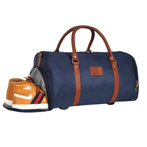 Blue Leather World Duffle Bag-27cm, with Shoe Compartment & Detachable Strap, ideal for Men & Women.