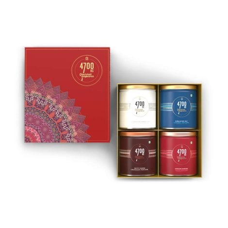 4700BC Gourmet Popcorn Gift Set: Hawaiian Barbeque, Himalayan Salt Caramel, Nutty Tuxedo, Mocha Walnut Chocolates.