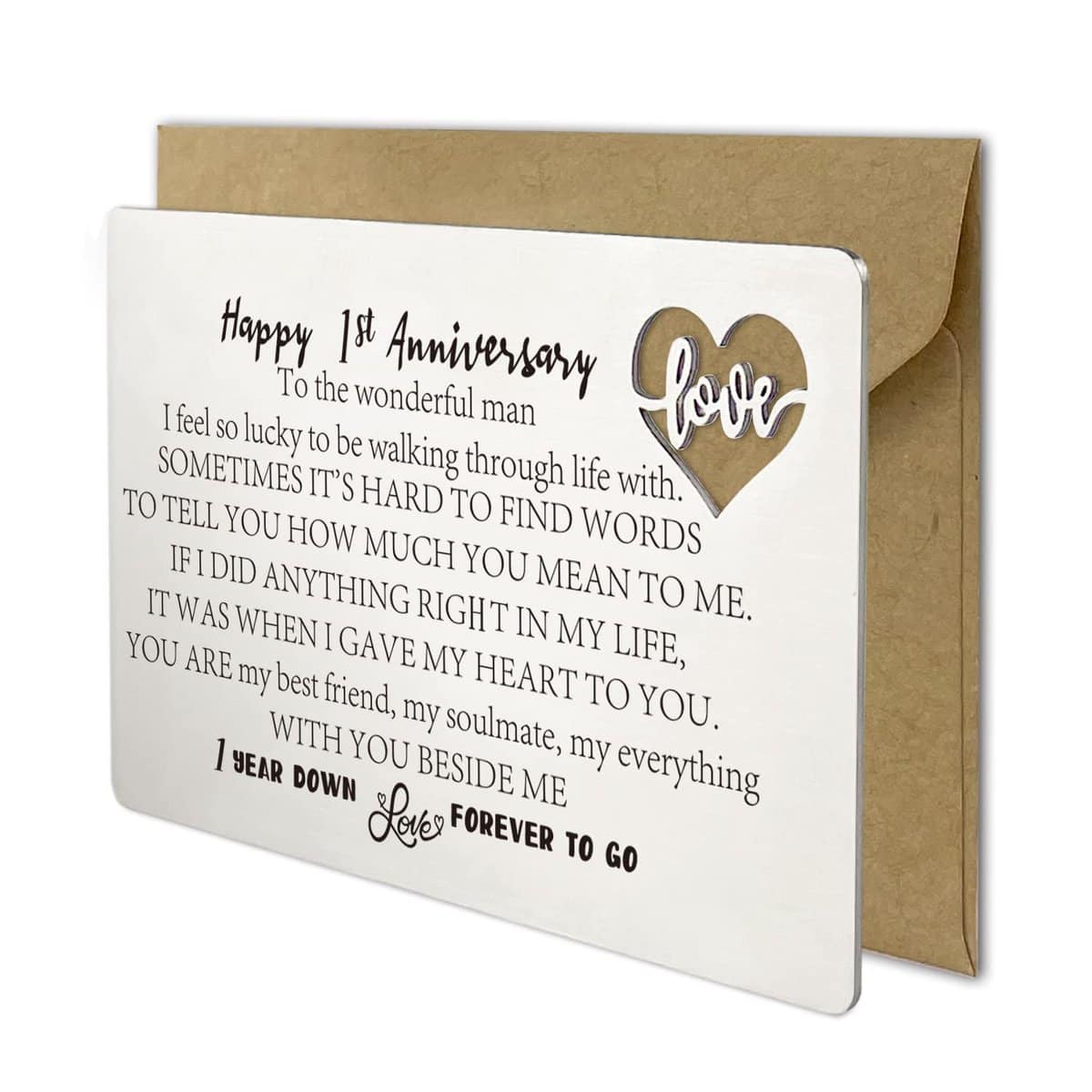 1 Year Wedding Anniversary Card for Husband Men, Happy 1st Anniversary Card Gifts for Him, Boyfriend From Wife Girlfriend, Engraved Metal Wallet Insert Anniversary Presents