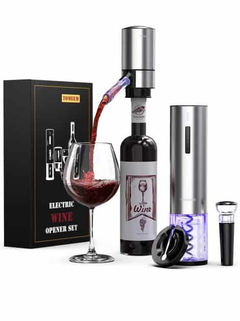 Tomeem Electric Wine Opener Kit: Rechargeable, includes opener, aerator, stoppers, and foil cutter. Perfect for parties and outdoor use.