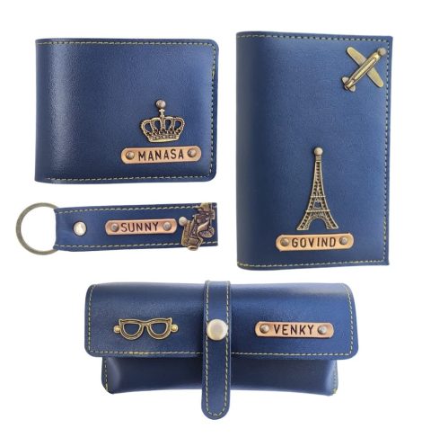 The Bling Stores brings you a unique combo set of personalized passport cover, wallet, keychain & eyewear with charms, in stylish blue.