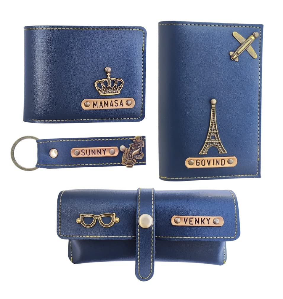 The Bling Stores Personalized Custom Genuine PU Leather Passport Cover/Wallet/Keychain & Eyewear Name Crafted with Charms/Unique Design Unisex (Combo of 4 Set) Blue