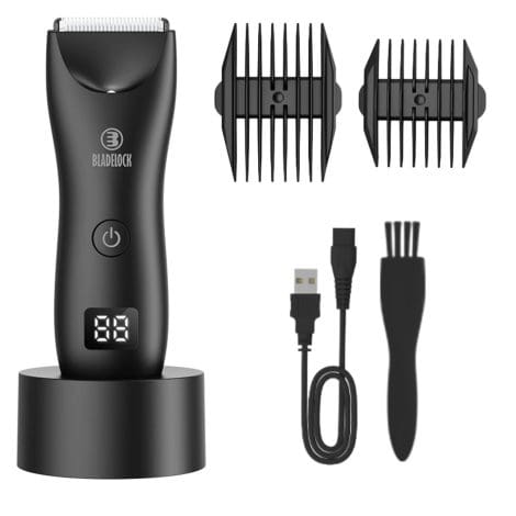 Men’s Pubic Hair Trimmer with Ceramic Blade, Waterproof, Low Noise Electric Razor, USB Recharge Dock.