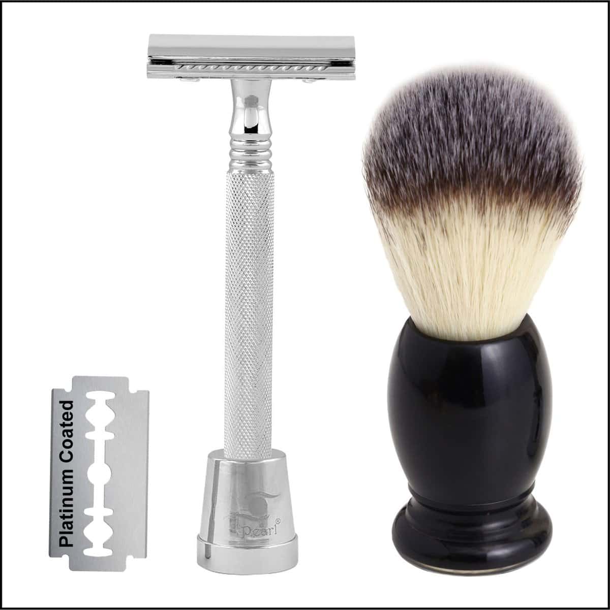 Pearl Shaving Double Edge Close Comb Safety Razor (SS-01CC) With Stand and Shaving Brush (SB -11 SY) - Classic & Traditional shaving Kit for Men | Premium blade razors for Men Gift option